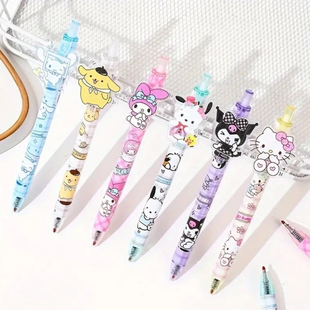 Set of 6, Hello Kitty & Friends Pens Sanrio Kuromi Melody Pom Cinnamoroll